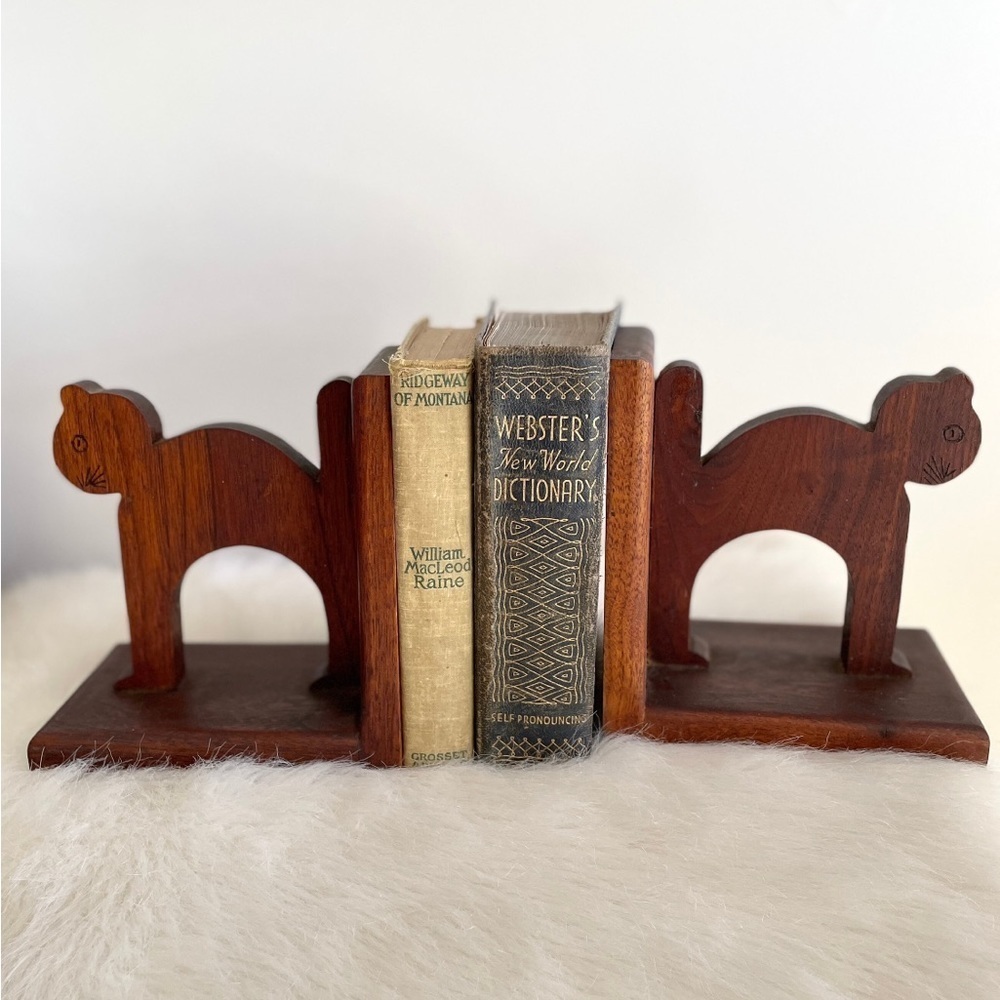 Vintage Wooden Handmade Teak Cat Bookends. Carved. Primitive. MCM